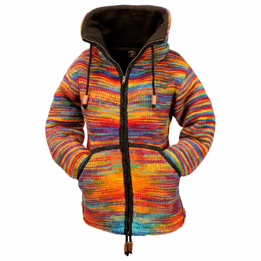 Kunst Und Magie Damen Strickjacke Goa Wolle Bunte Regenbogen Jacke Fleecefutter Hochkragen Goa Boho Fair