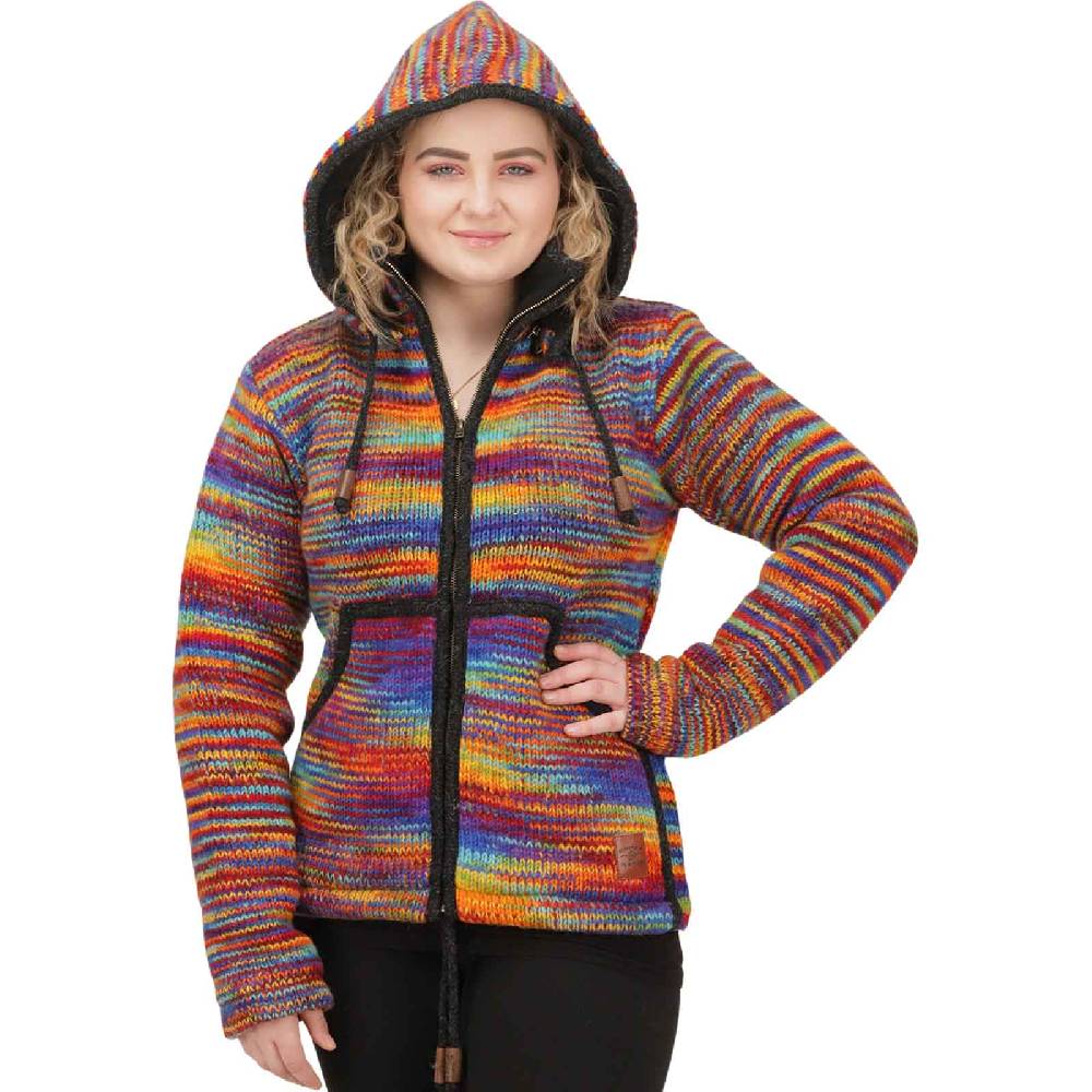 Kunst Und Magie Damen Strickjacke Goa Wolle Bunte Regenbogen Jacke Fleecefutter Hochkragen abnehmbarer Kapuze
