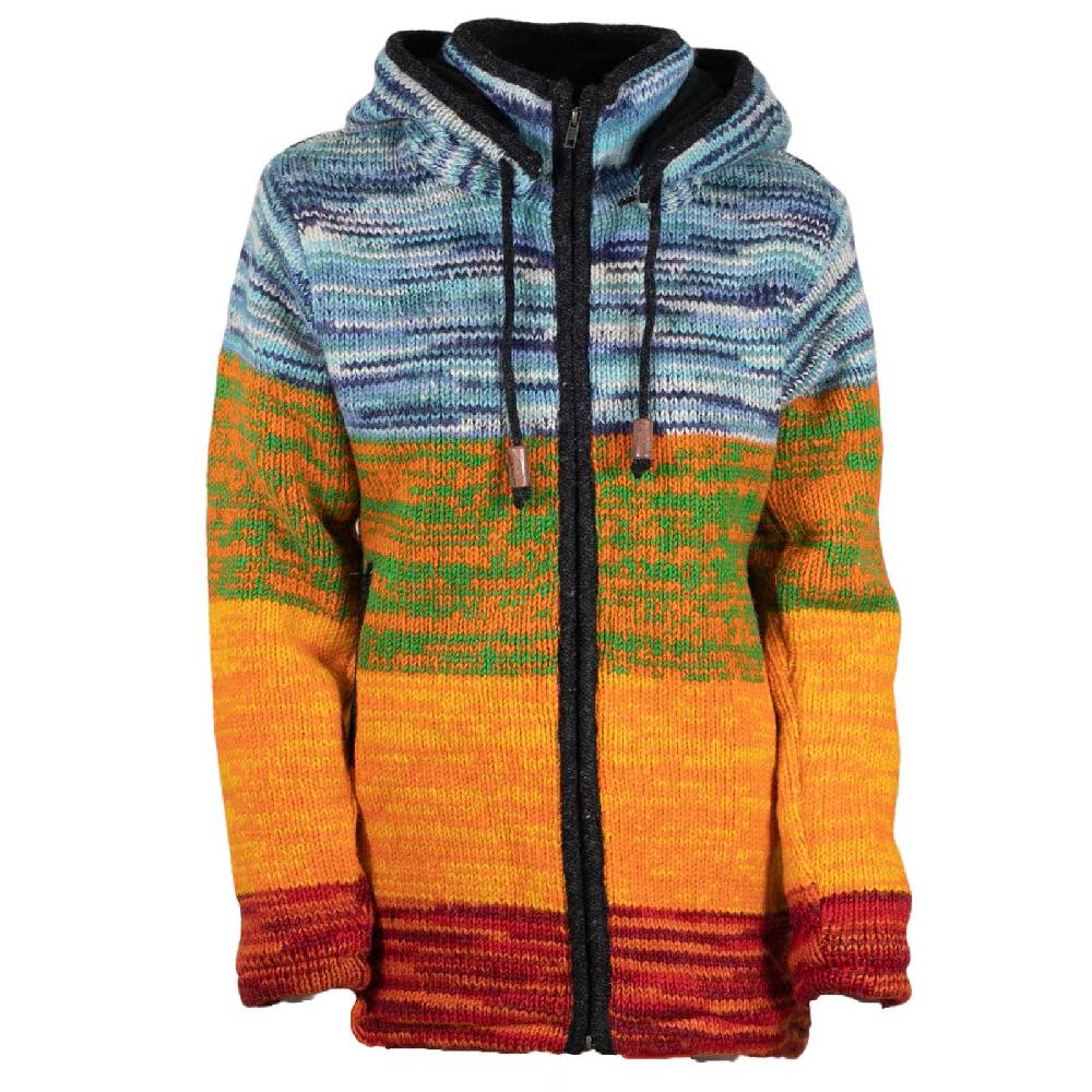 Kunst Und Magie Damen Strickjacke Goa Wolle Jacke Mit Abnehmbarer Zipfelkapuze Fleecefutter Rainbow