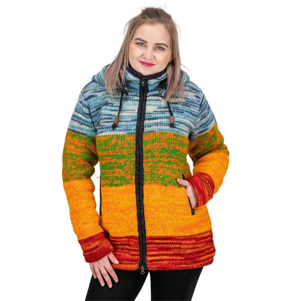 Kunst Und Magie Damen Strickjacke Goa Wolle Jacke mit abnehmbarer Zipfelkapuze Fleecefutter Rainbow