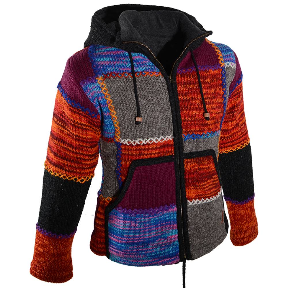 Kunst Und Magie Damen Strickjacke Goa Wolle Jacke mit Fleecefutter mit abnehmbarer Zipfelkapuze