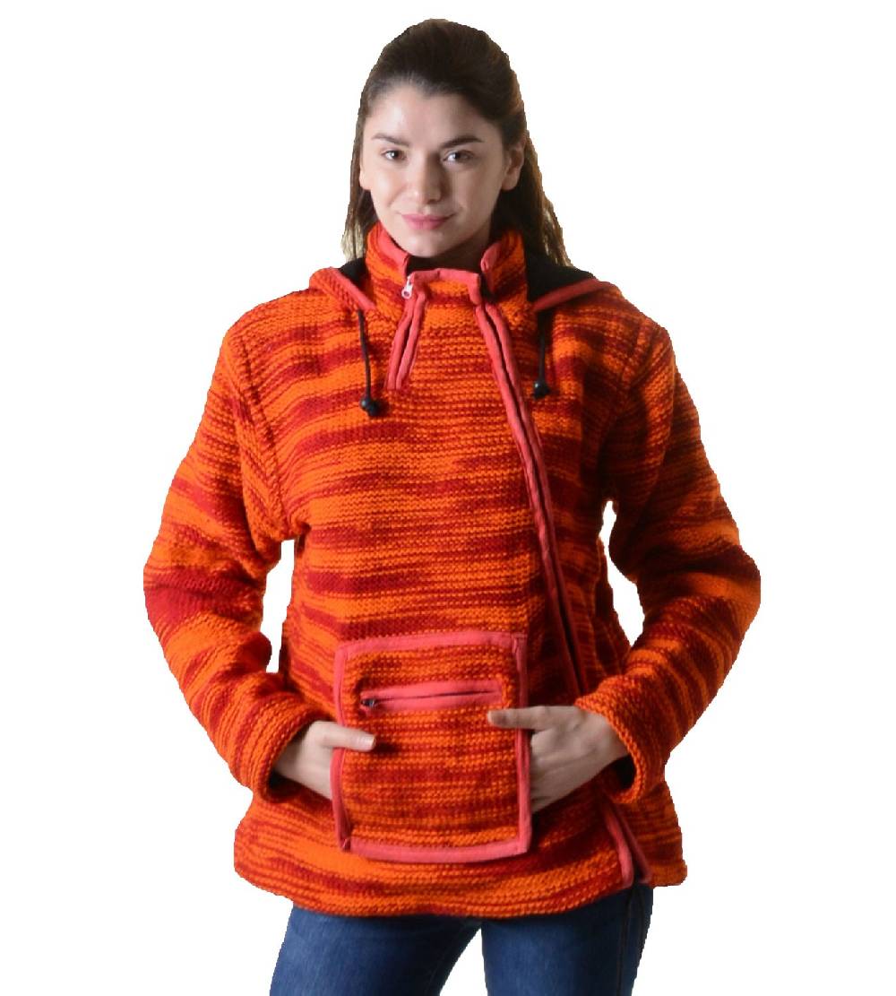 Kunst Und Magie Damen Strickjacke Hippie Goa Wolljacke mit Fleecefutter und Zipfelkapuze Orangetöne