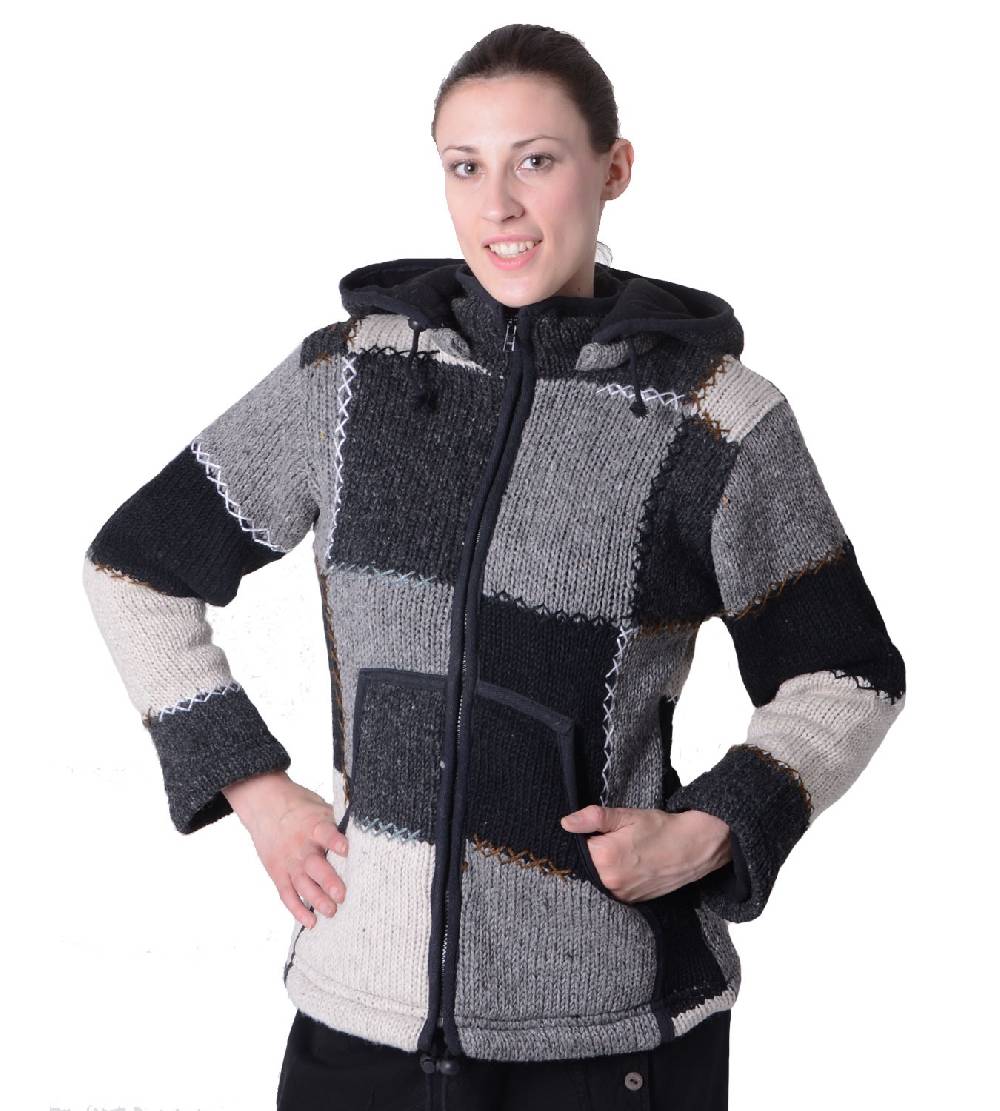 Kunst Und Magie Damen Wolljacke Hippie Goa Strick mit Fleecefutter und Zipfelkapuze Patchwork