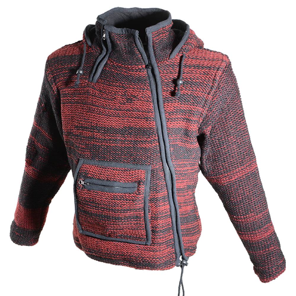 Kunst Und Magie Damen Wolljacke Hippie Goa Strickjacke Mit Fleecefutter Und Kapuze Schwarz/Rot
