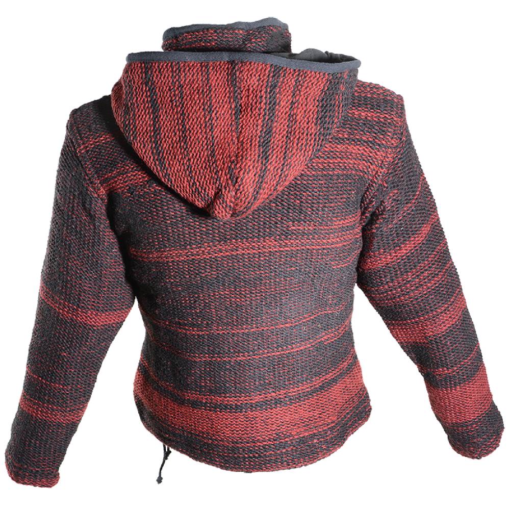 Kunst Und Magie Damen Wolljacke Hippie Goa Strickjacke Mit Fleecefutter Und Kapuze Schwarz/Rot