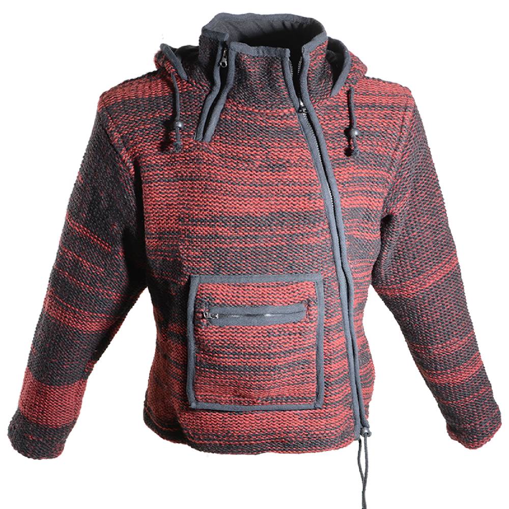 Kunst Und Magie Damen Wolljacke Hippie Goa Strickjacke mit Fleecefutter und Kapuze Schwarz/Rot
