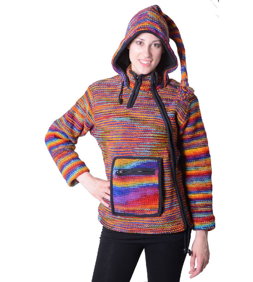 Kunst Und Magie Damen Wolljacke Hippie Goa Strickjacke mit Zipfelkapuze Mehrfarbig