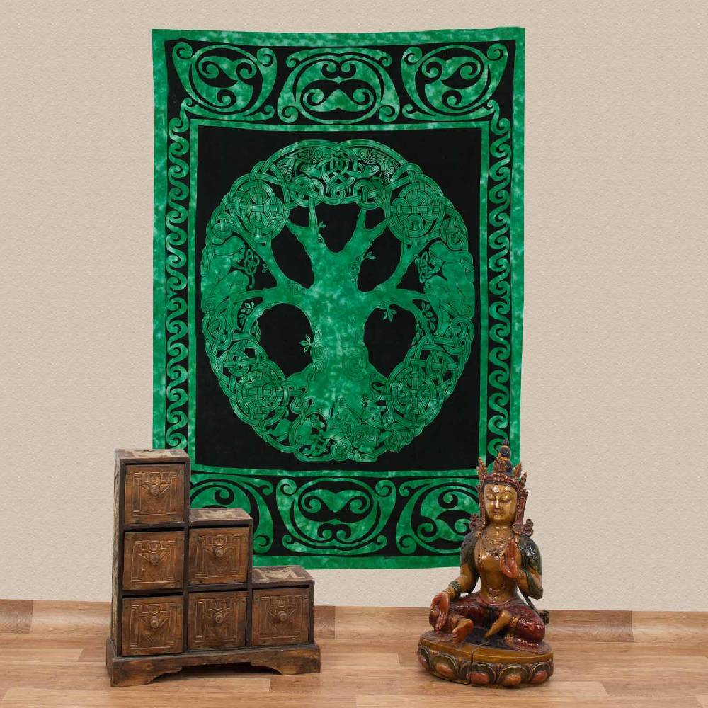 Kunst Und Magie Dekotuch Tagesdecke Wandbehang Celtic Lebensbaum Ygdrasül Tuch Keltisch Grün Ca.210x145cm