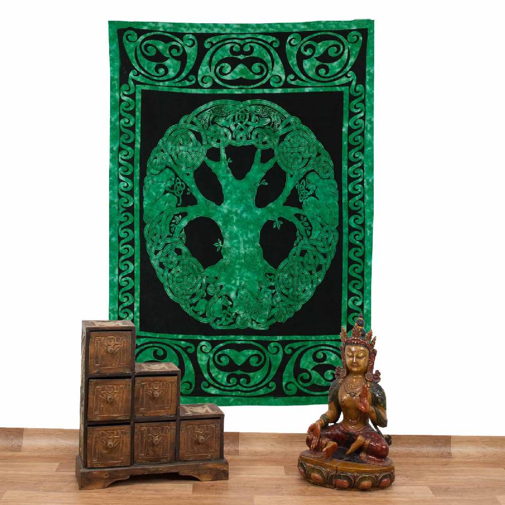 Kunst Und Magie Dekotuch Tagesdecke Wandbehang Celtic Lebensbaum Ygdrasül Tuch Keltisch Grün ca.210x145cm