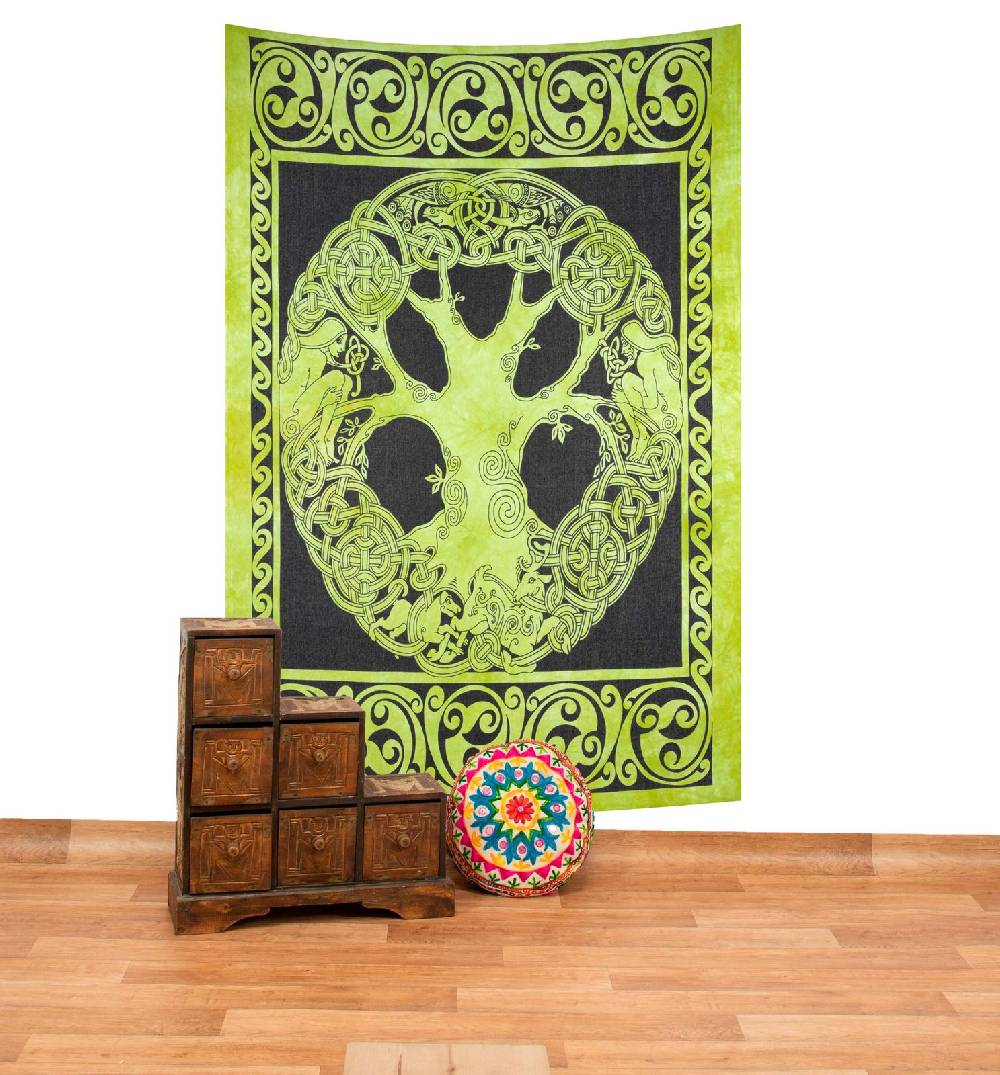 Kunst Und Magie Dekotuch Tagesdecke Wandbehang Celtic Lebensbaum Ygdrasül Tuch Keltisch Grün ca.210x145cm