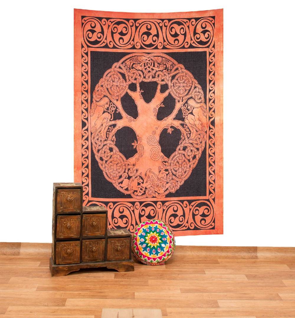 Kunst Und Magie Dekotuch Tagesdecke Wandbehang Celtic Lebensbaum Ygdrasül Tuch Keltisch Orange ca.210x145cm