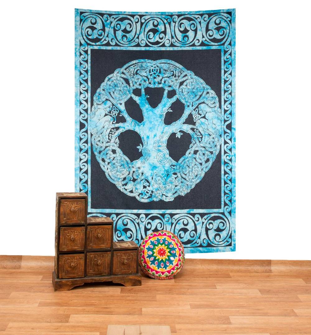 Kunst Und Magie Dekotuch Tagesdecke Wandbehang Celtic Lebensbaum Ygdrasül Tuch Keltisch Blau ca.210x145cm