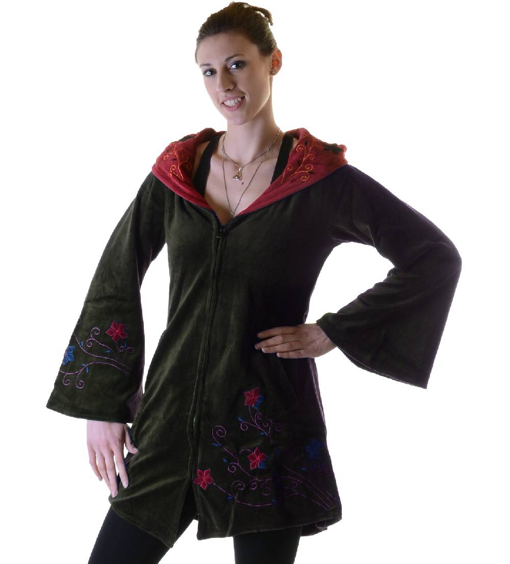 Kunst Und Magie Elfenhafte Samtjacke Mit Zipfelkapuze Mit Blumenstickerei