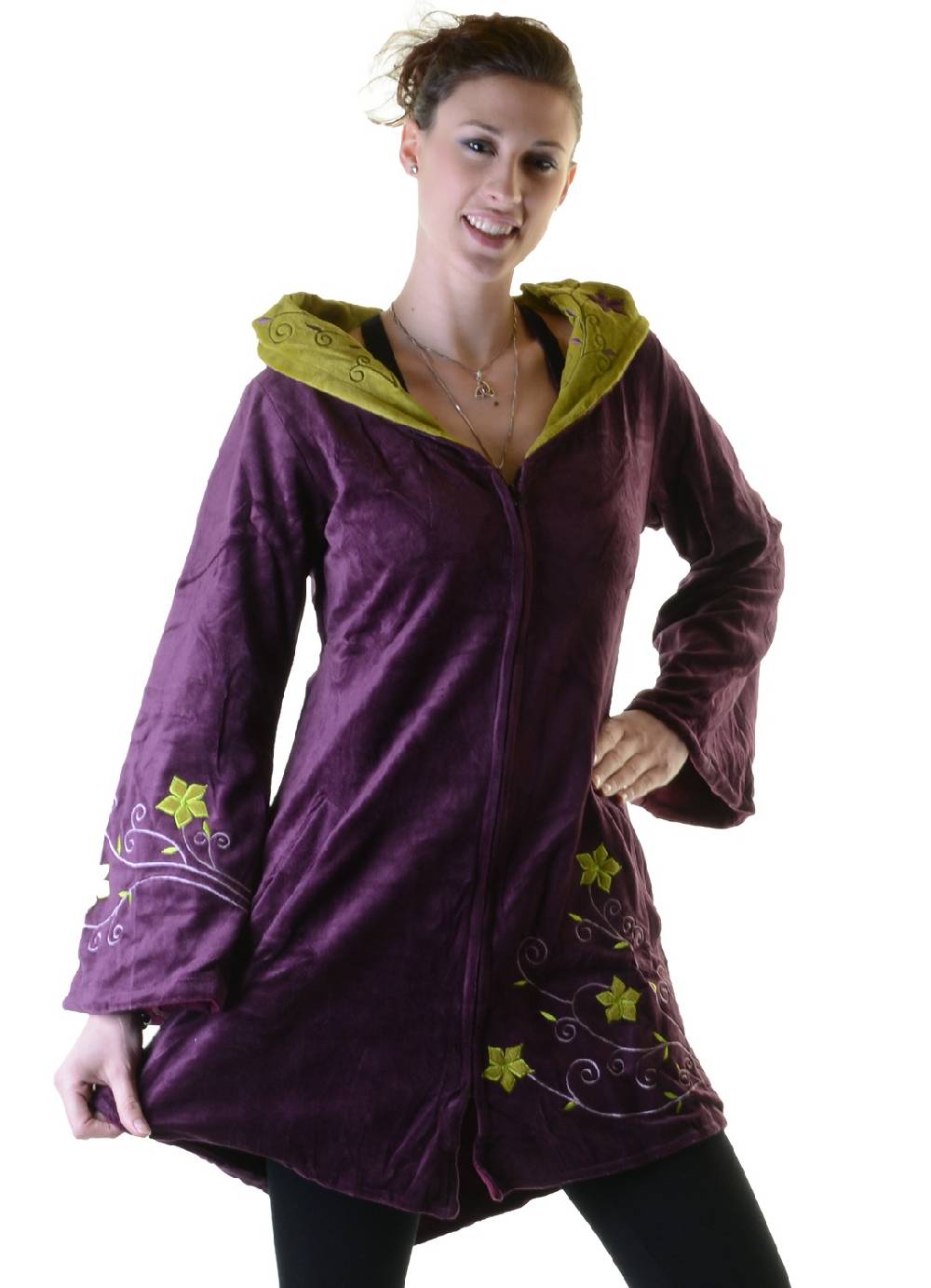 Kunst Und Magie Elfenhafte Samtjacke Mit Zipfelkapuze Mit Blumenstickerei