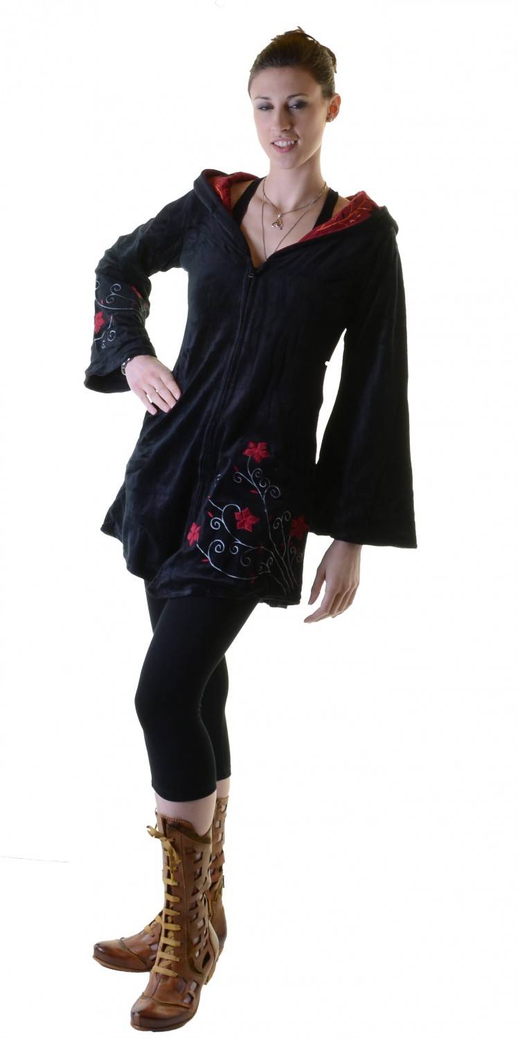 Kunst Und Magie Elfenhafte Samtjacke mit Zipfelkapuze mit Blumenstickerei