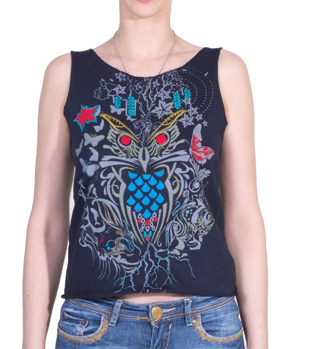 Kunst Und Magie Extravagantes, Luftiges Girlie Tank-Top Mit Eulenmotiv Sommer Hippie Goa