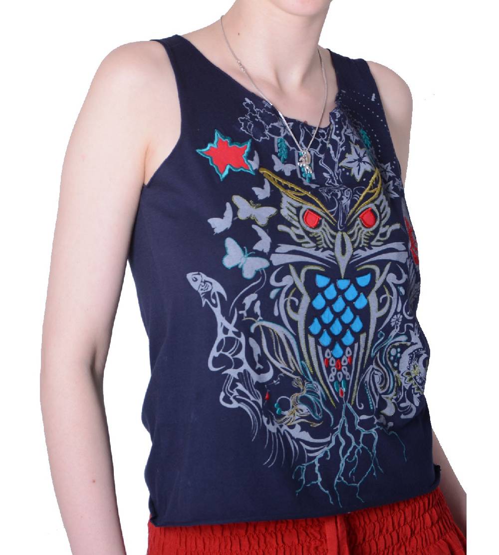 Kunst Und Magie Extravagantes, Luftiges Girlie Tank-Top Mit Eulenmotiv Sommer Hippie Goa