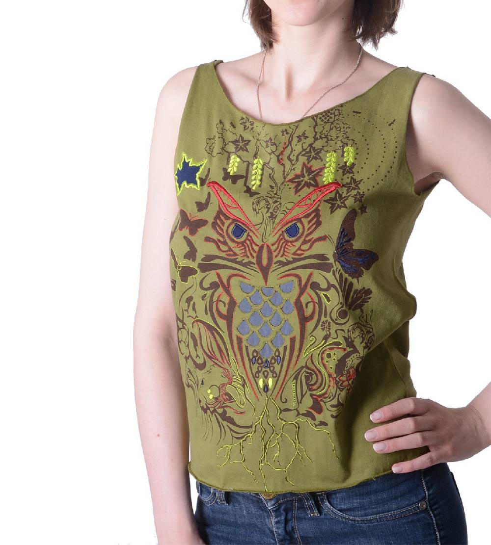 Kunst Und Magie Extravagantes, Luftiges Girlie Tank-Top Mit Eulenmotiv Sommer Hippie Goa