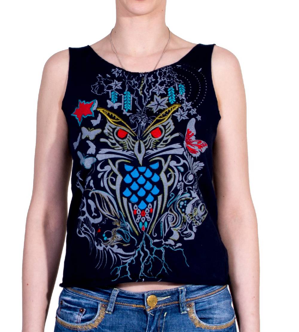 Kunst Und Magie Extravagantes, luftiges Girlie Tank-Top mit Eulenmotiv Sommer Hippie Goa
