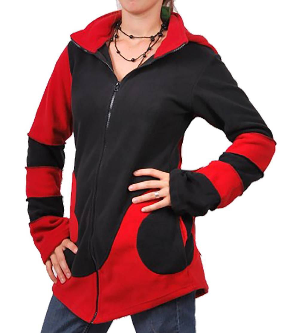 Kunst Und Magie Fleece Jacke mit Zipfelkapuze Goa Psy Hippie Fraggle Schwarz/Rot