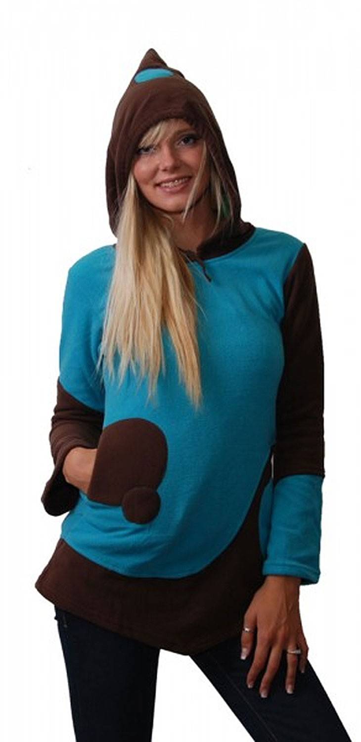 Kunst Und Magie Fleece Pullover mit Zipfelkapuze Goa Psy Hippie Fraggle türkis/braun