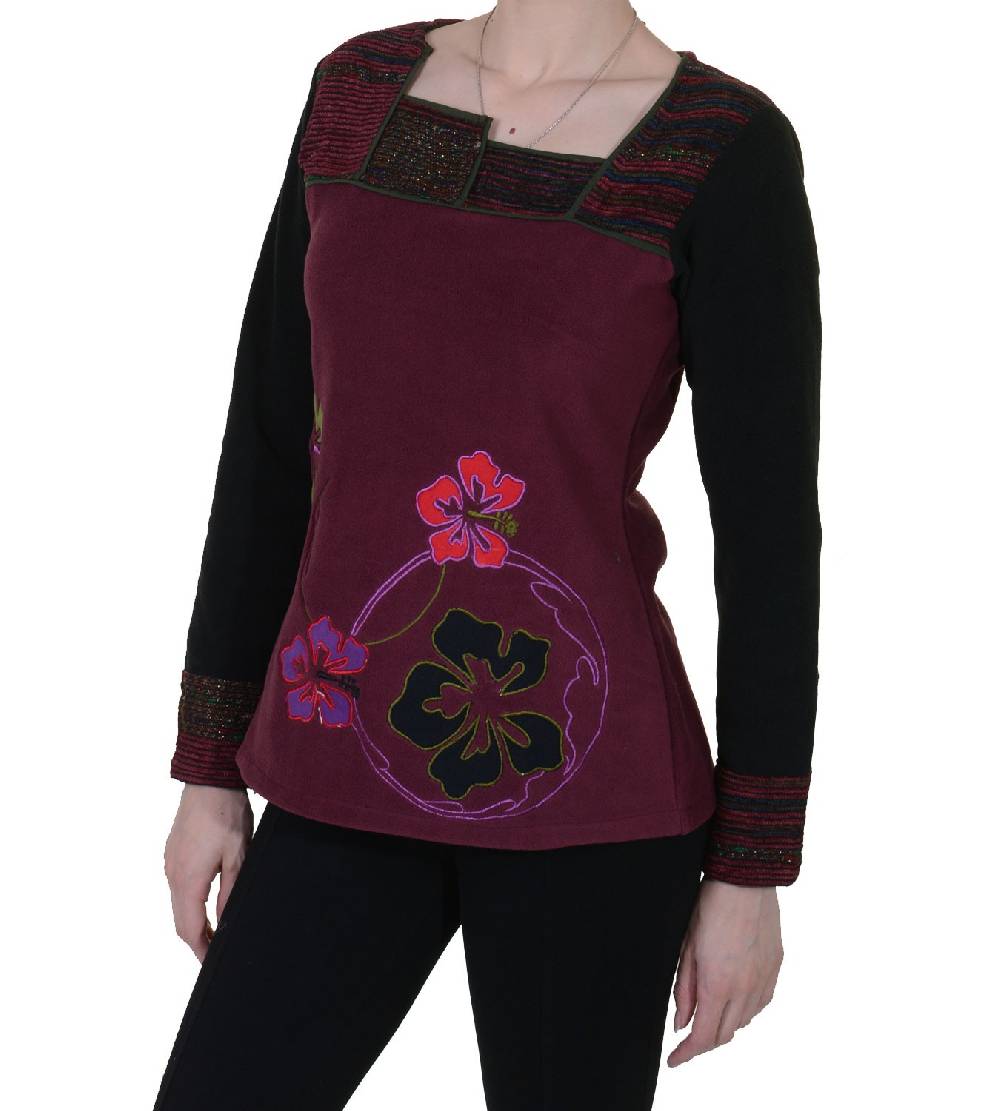 Kunst Und Magie Fleeceoberteil mit wunderschönem Blumenstick für hippe Damen Boho Hippie Goa Psy