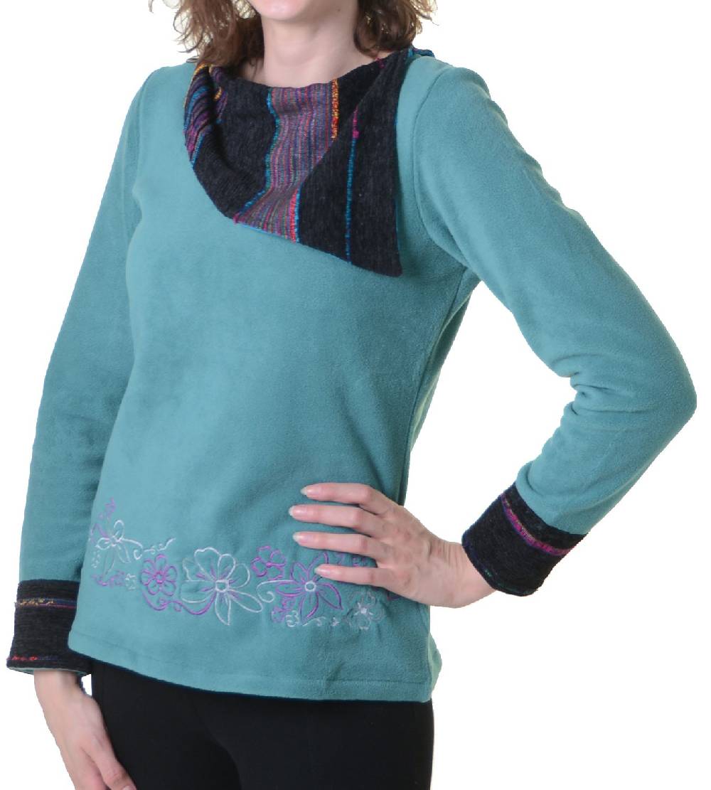 Kunst Und Magie Fleecepullover Mit Blumenmustern Und Auffälligem Baumwoll-Kragen - Damen Oberteil Hippie Goa Boho Überzieher