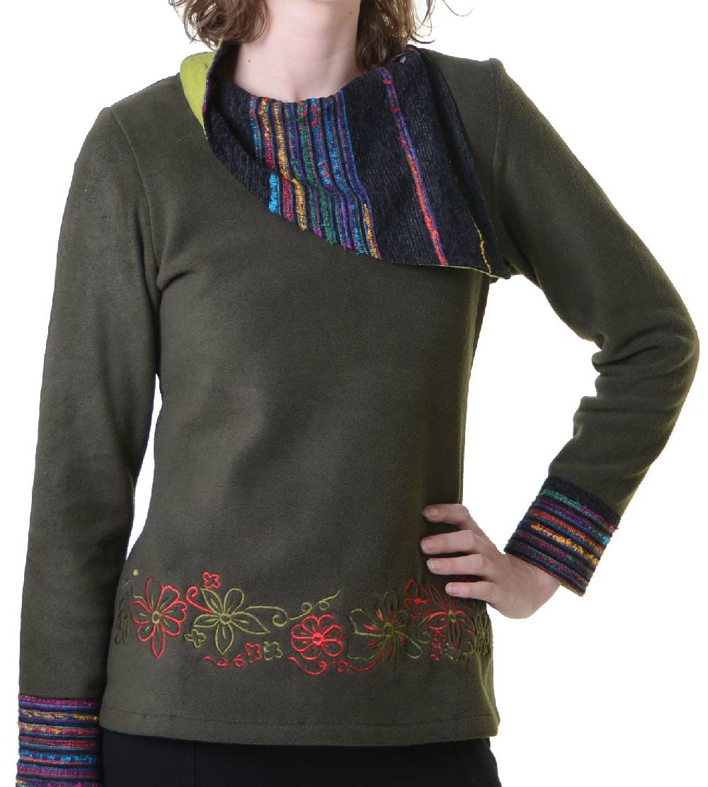 Kunst Und Magie Fleecepullover Mit Blumenmustern Und Auffälligem Baumwoll-Kragen - Damen Oberteil Hippie Goa Boho Überzieher