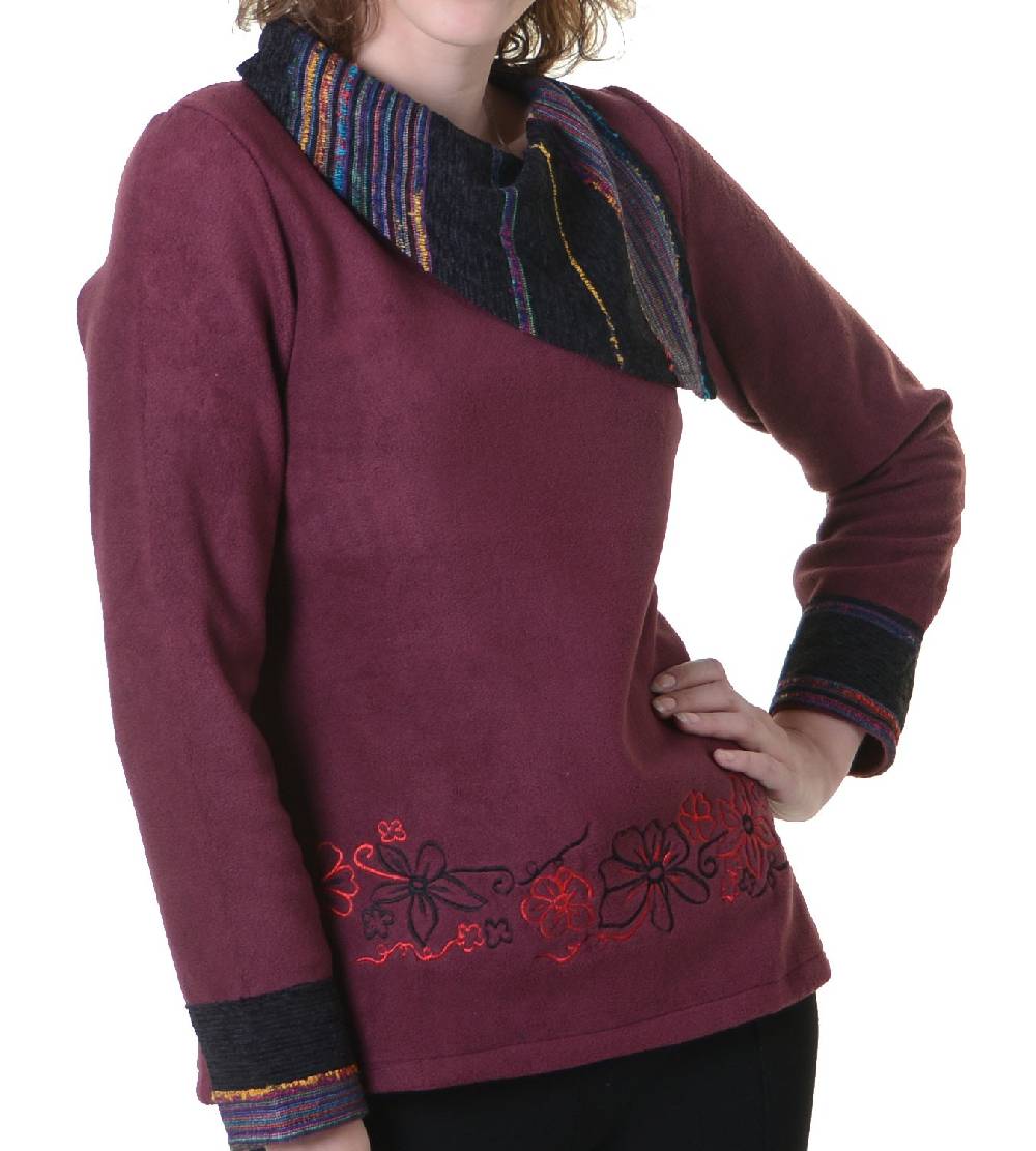 Kunst Und Magie Fleecepullover mit Blumenmustern und auffälligem Baumwoll-Kragen - Damen Oberteil Hippie Goa Boho Überzieher