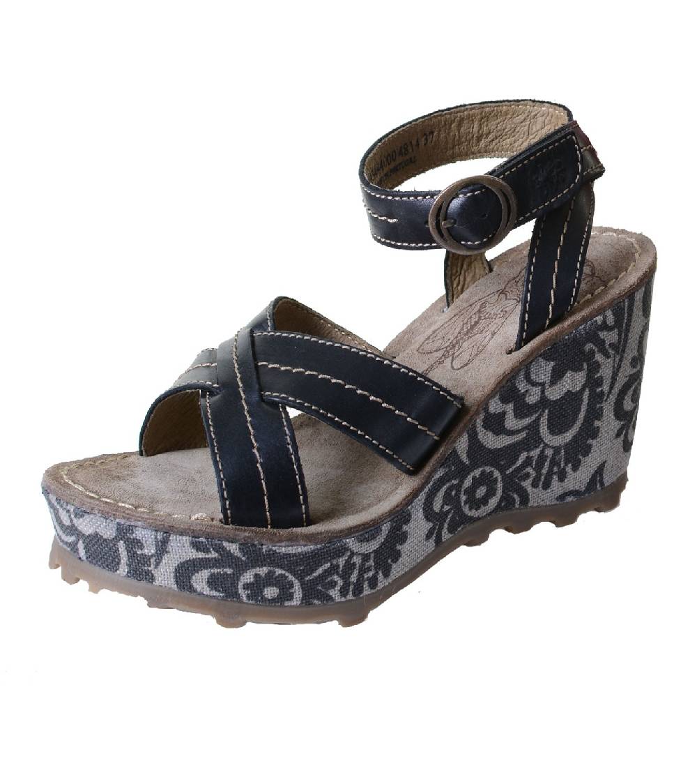 Kunst Und Magie Fly London Gera Damen Sandalette mit Keilabsatz und Plateausohle Schwarz