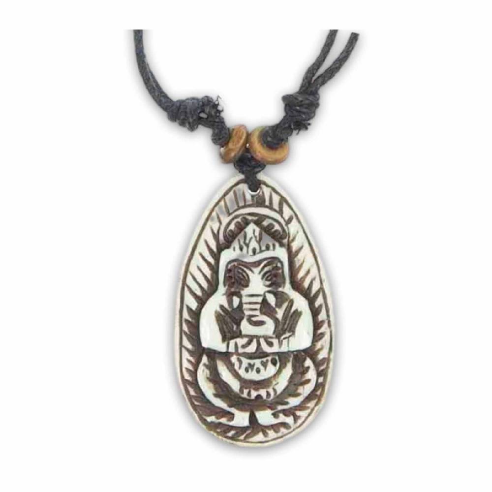 Kunst Und Magie Ganesha Amulett Anhänger Talisman Handgeschnitzt mit Textilband Halskette