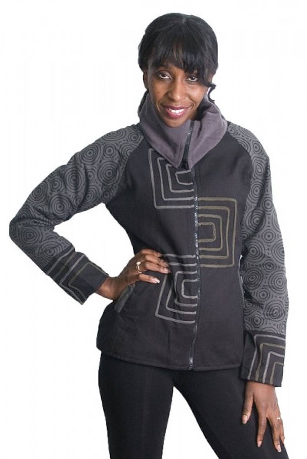 Kunst Und Magie Goa Boho Damen Jacke mit Rollkragen und Fleecefutter Schwarz-Graue