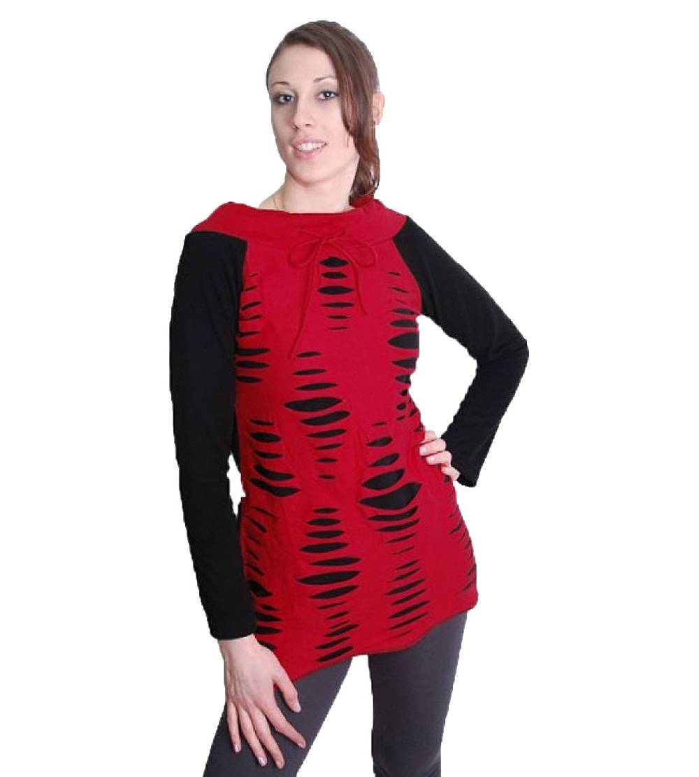 Kunst Und Magie Goa Hippie Fleece Oberteil Tunika Minikleid Longshirt im Razor Cut Design rot/schwarz