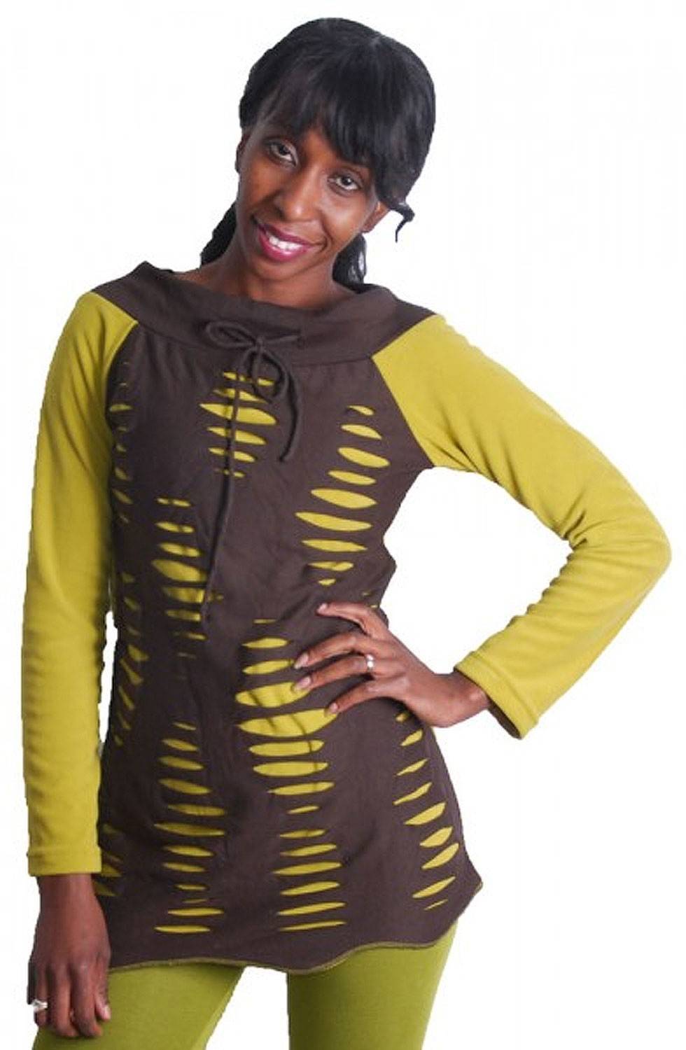 Kunst Und Magie Goa Hippie Fleece Oberteil Tunika Minikleid Longshirt im Razor Cut Design senf/braun