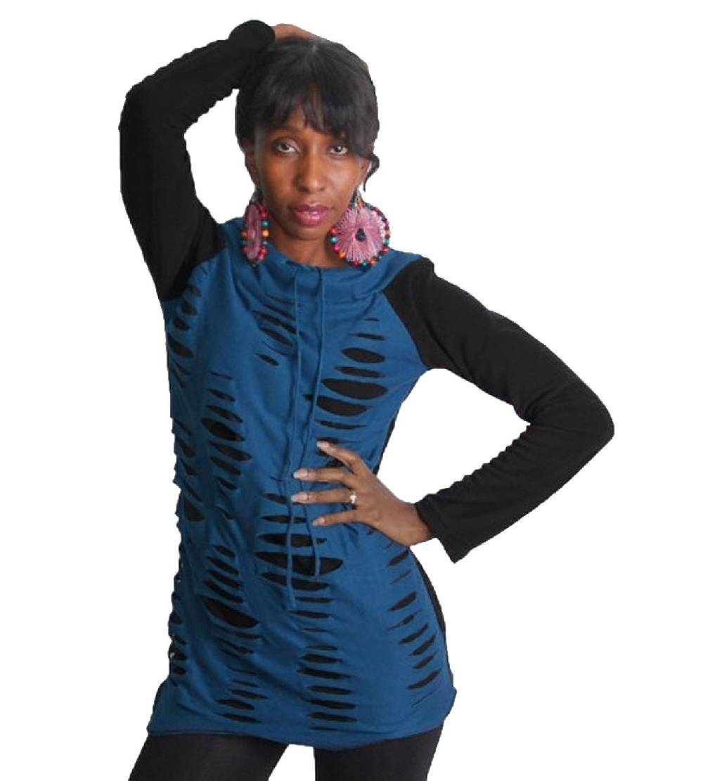 Kunst Und Magie Goa Hippie Fleece Oberteil Tunika Minikleid Longshirt im Razor Cut Design blau/schwarz