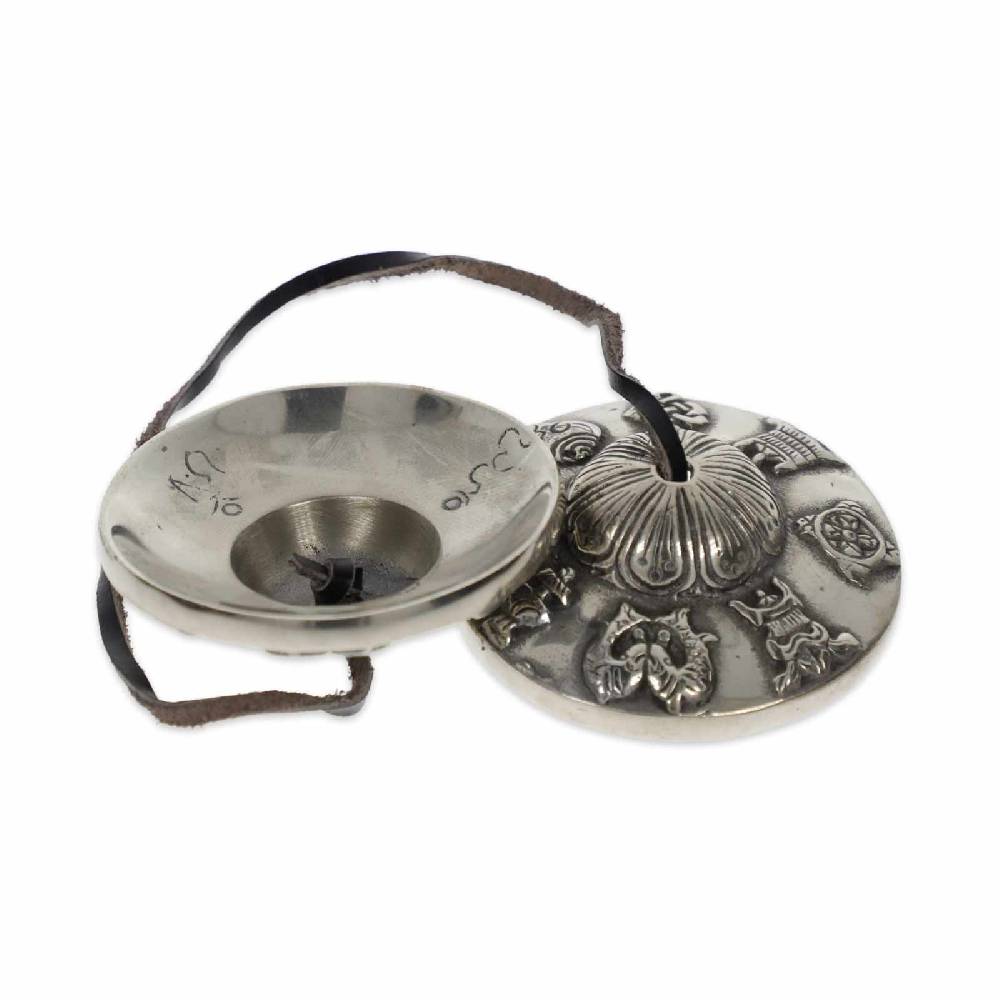 Kunst Und Magie Große Schwere Tibetische Zimbeln Tingcha Mit Hellem Klang 7,5 Cm 8 Glücksymbole Mit Geschenkbox