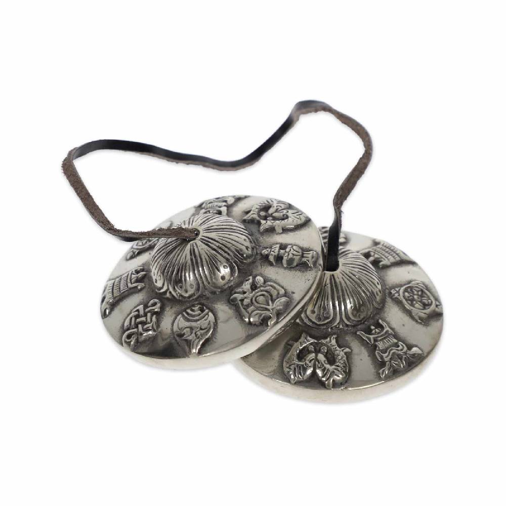 Kunst Und Magie Große Schwere Tibetische Zimbeln Tingcha Mit Hellem Klang 7,5 Cm 8 Glücksymbole Mit Geschenkbox