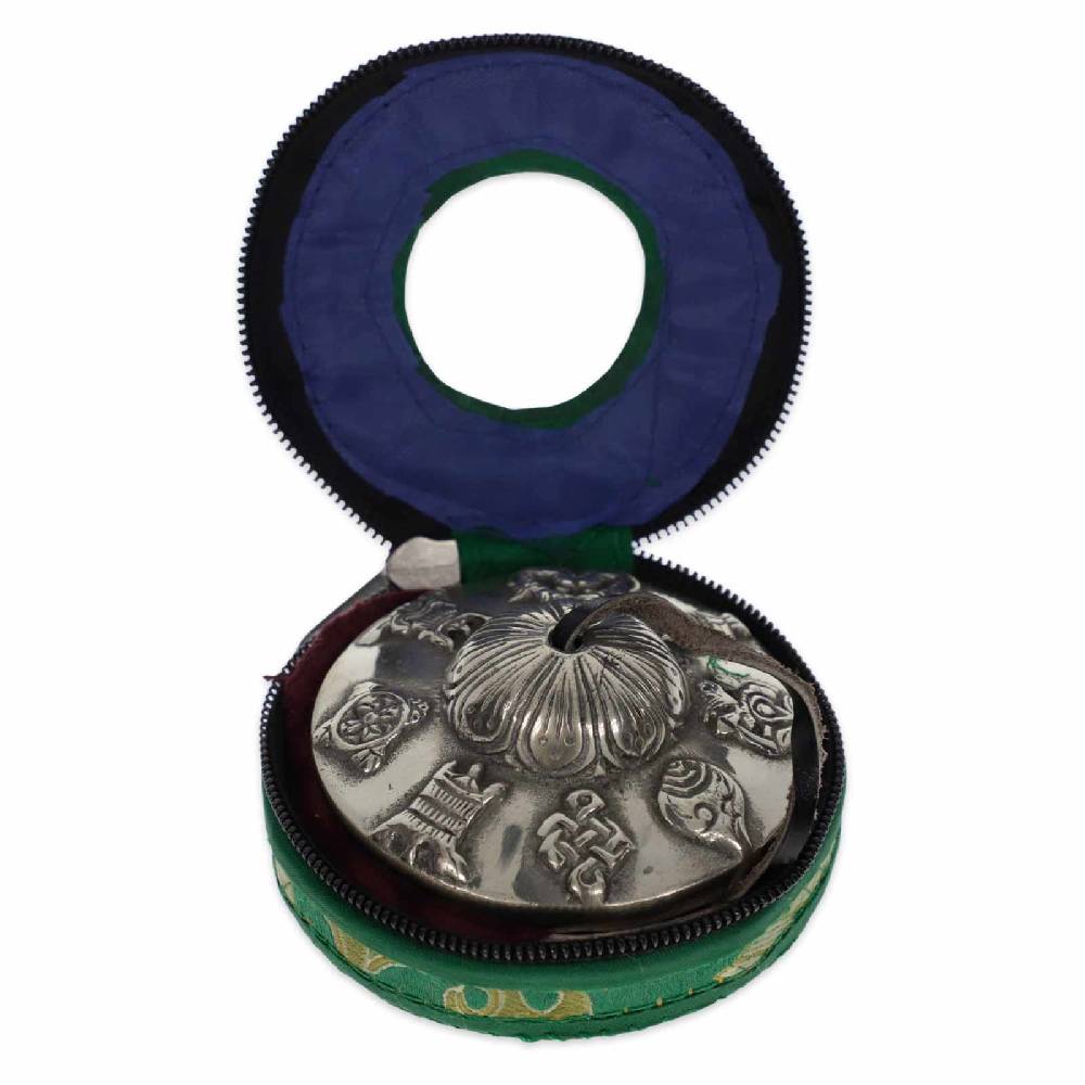 Kunst Und Magie Große Schwere Tibetische Zimbeln Tingcha Mit Hellem Klang 7,5 Cm 8 Glücksymbole Mit Geschenkbox