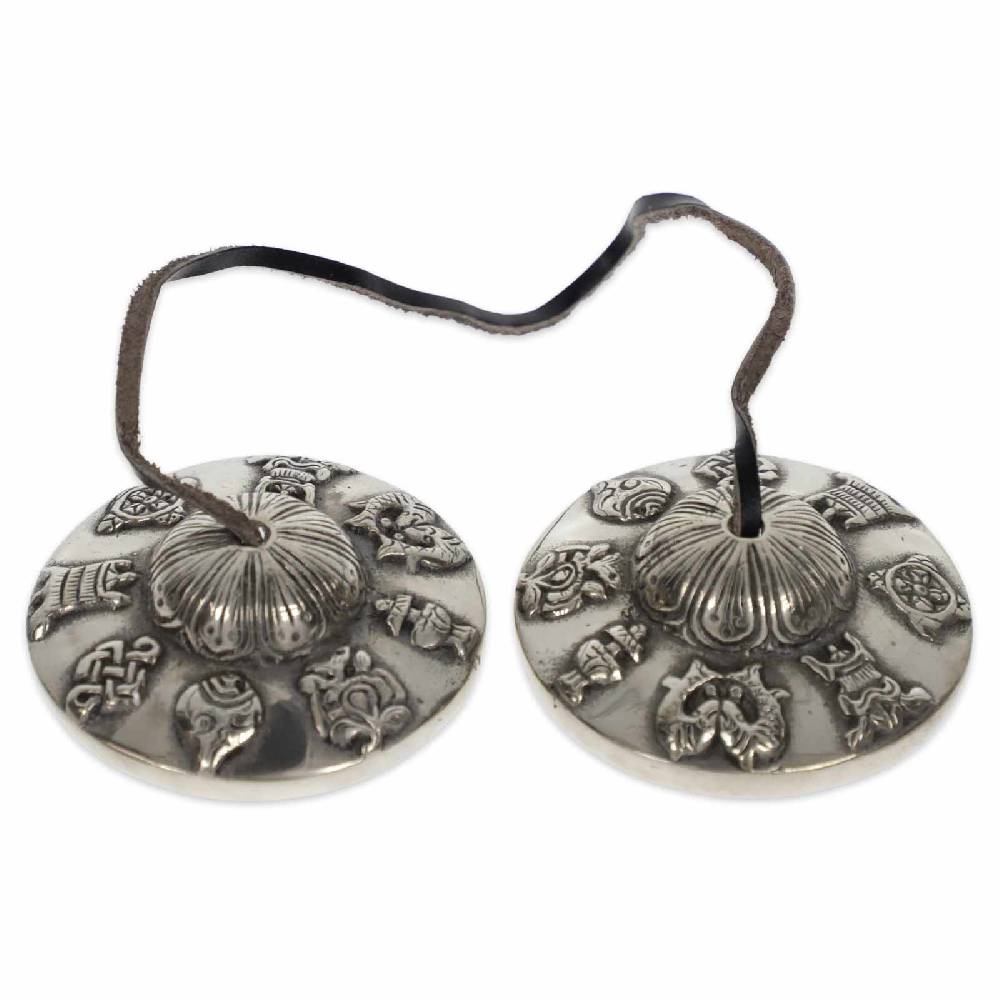 Kunst Und Magie Große schwere Tibetische Zimbeln Tingcha mit Hellem Klang 7,5 cm 8 Glücksymbole mit Geschenkbox