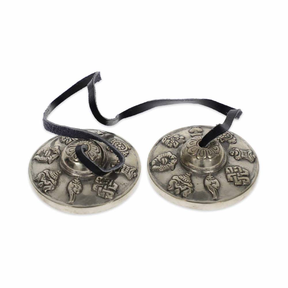 Kunst Und Magie Große Tibetische Zimbeln Tingcha Mit Hellem Klang 6,5 Cm 8 Glücksymbole Mit Geschenkbox