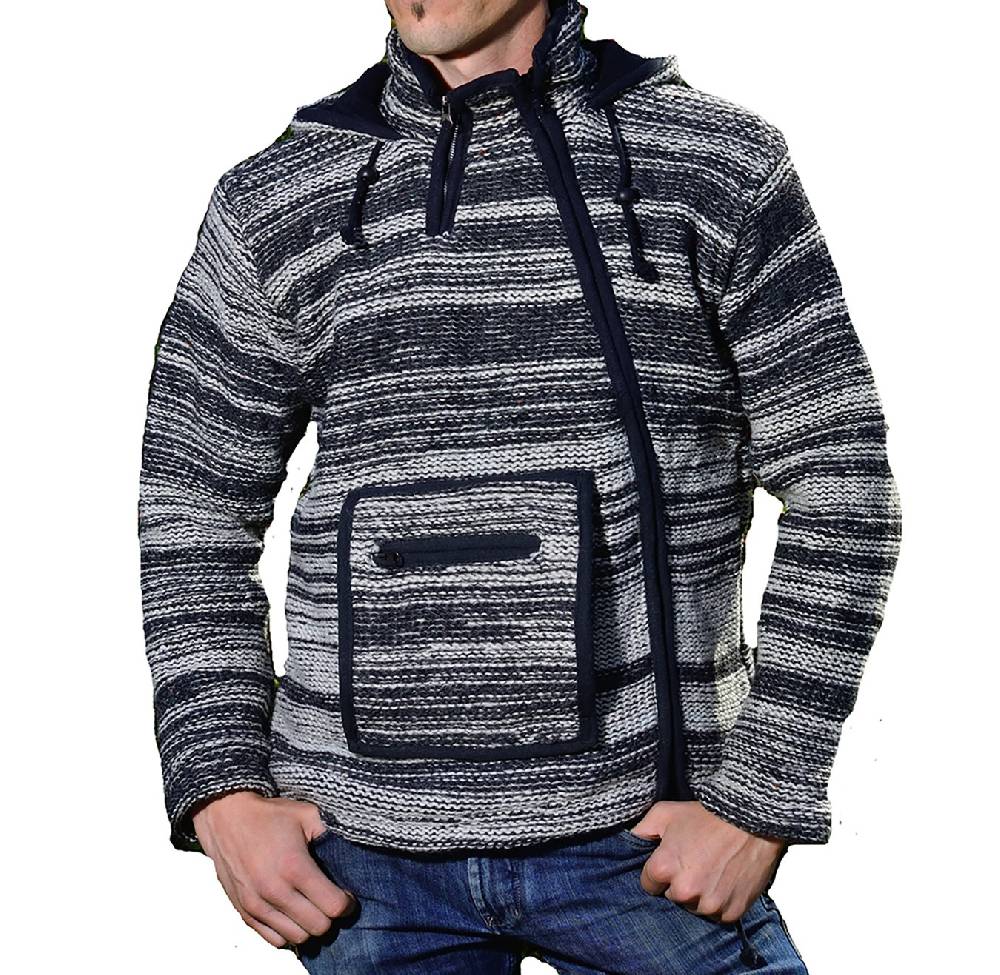Kunst Und Magie Herren Baja Nepal Strickjacke Poncho Pullover Wolle mit Fleecefutter und Zipfelkapuze