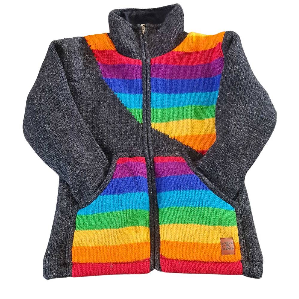 Kunst Und Magie Herren Strickjacke Goa Wolle Bunte Jacke Fleecefutter Hochkragen Regenbogenb Winterjacke