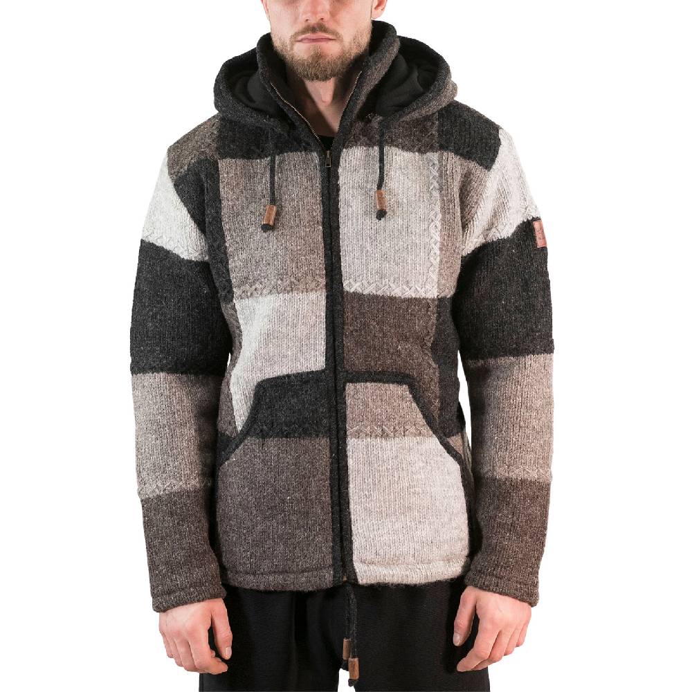 Kunst Und Magie Herren Strickjacke Patchwork Wolle Jacke Mit Abnehmbarer Kapuze Und Fleecefutter Hippie