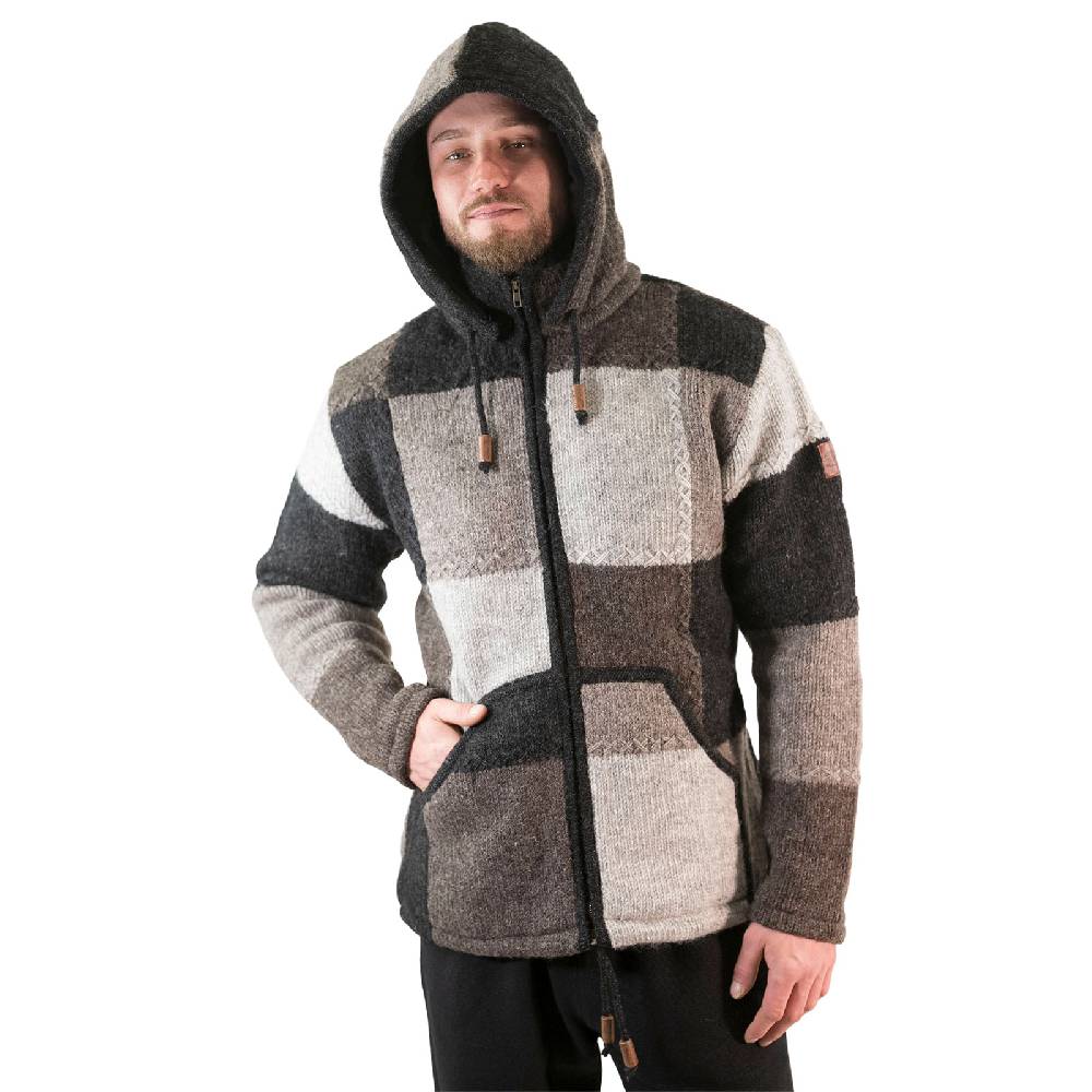 Kunst Und Magie Herren Strickjacke Patchwork Wolle Jacke Mit Abnehmbarer Kapuze Und Fleecefutter Hippie