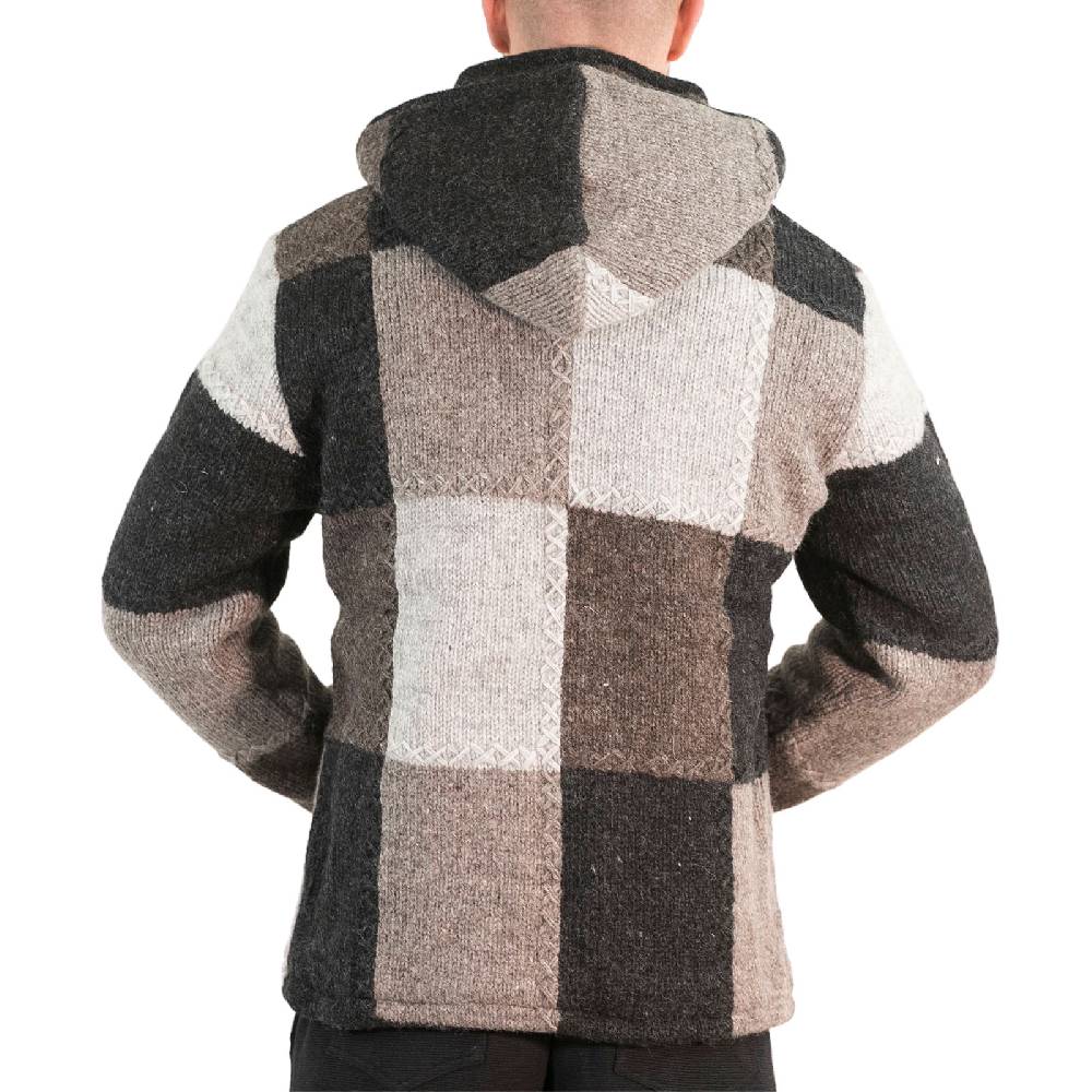 Kunst Und Magie Herren Strickjacke Patchwork Wolle Jacke Mit Abnehmbarer Kapuze Und Fleecefutter Hippie