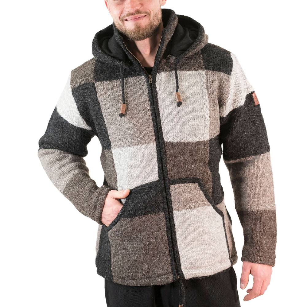Kunst Und Magie Herren Strickjacke Patchwork Wolle Jacke mit abnehmbarer Kapuze und Fleecefutter Hippie