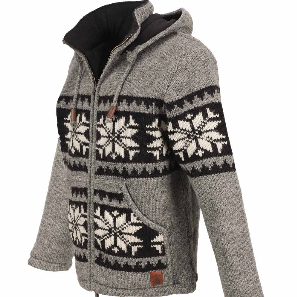 Kunst Und Magie Herren Strickjacke Schurwolle Klassich Nordisches Muster Wolle Jacke mit abnehmbarer Kapuze