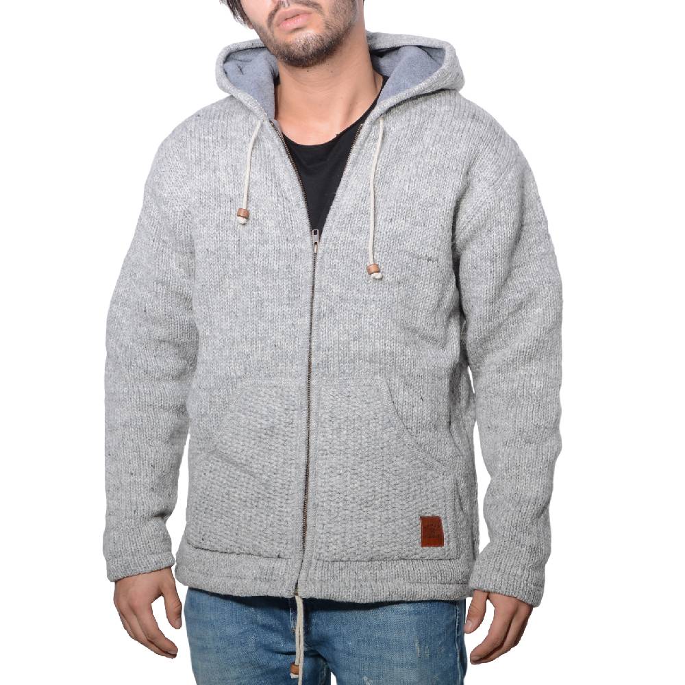 Kunst Und Magie Herren Strickjacke Wolle Jacke mit warmen Fleecefutter Kapuze Schafs Schurwolle