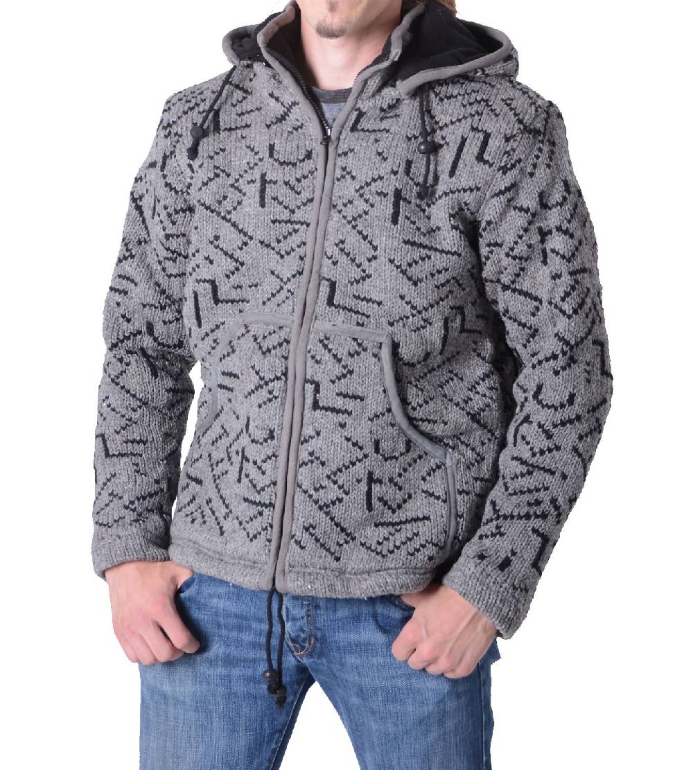 Kunst Und Magie Herren Strickjacke Wolljacke Mit Fleecefutter Und Abnehmbarer Kapuze Und Muster