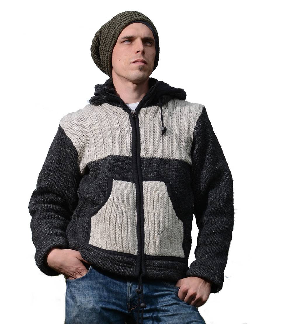 Kunst Und Magie Herren Strickjacke Wolljacke mit Fleecefutter und abnehmbarer Kapuze Grau und Braun